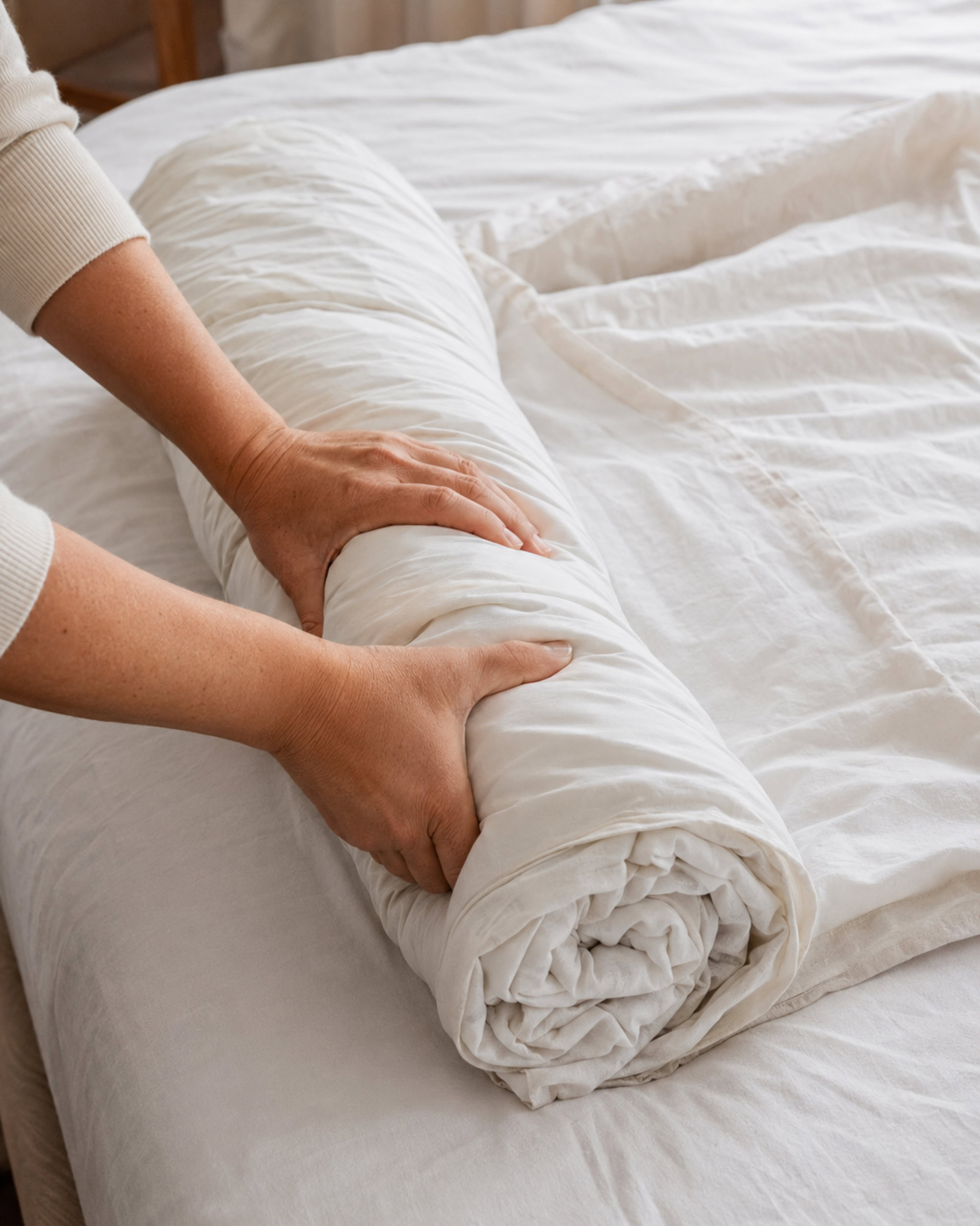Hands rolling a duvet insert and inside-out cover together in the burrito method, mid-step