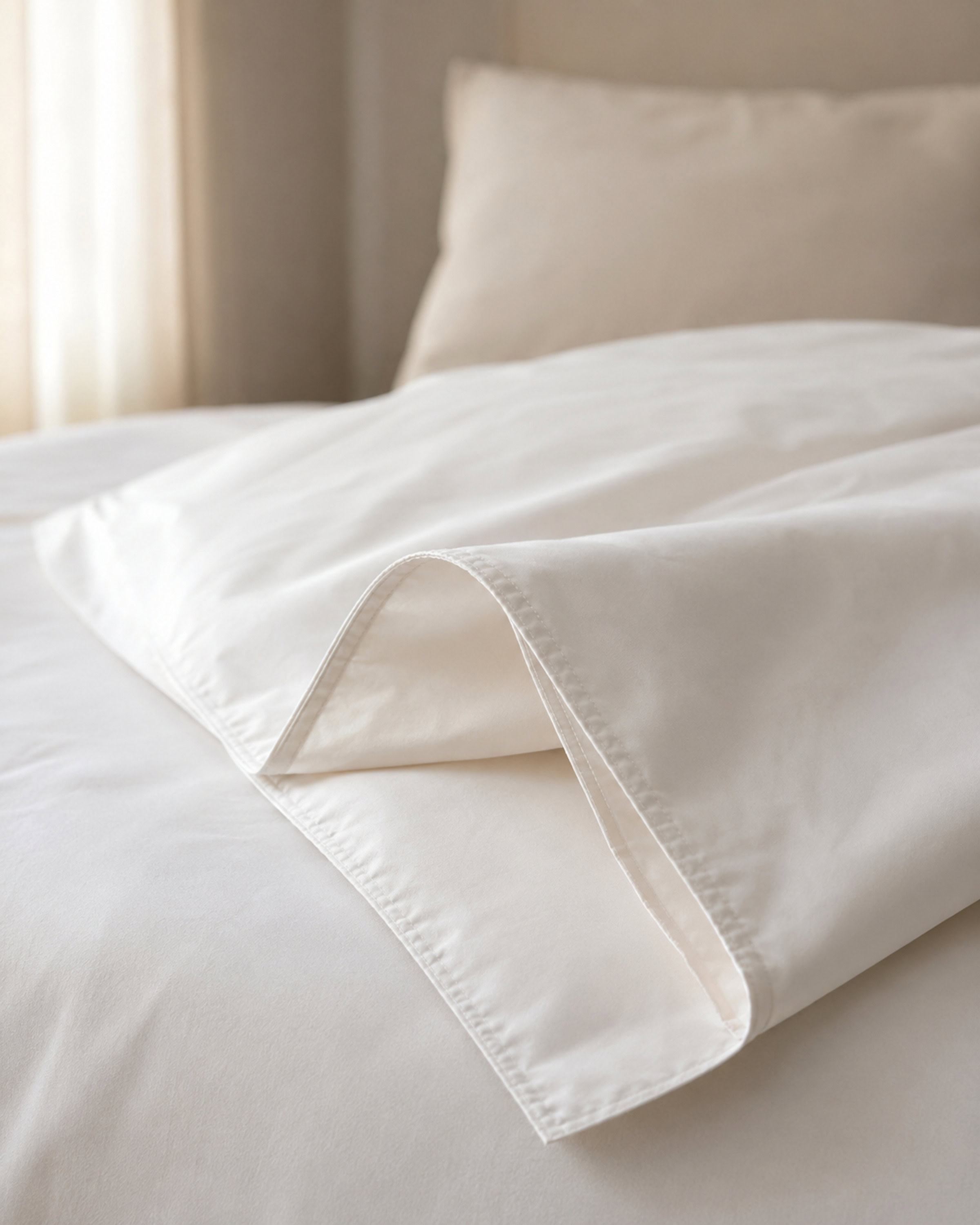 Folded corner of a white percale duvet cover on a bed, lit by soft morning window light