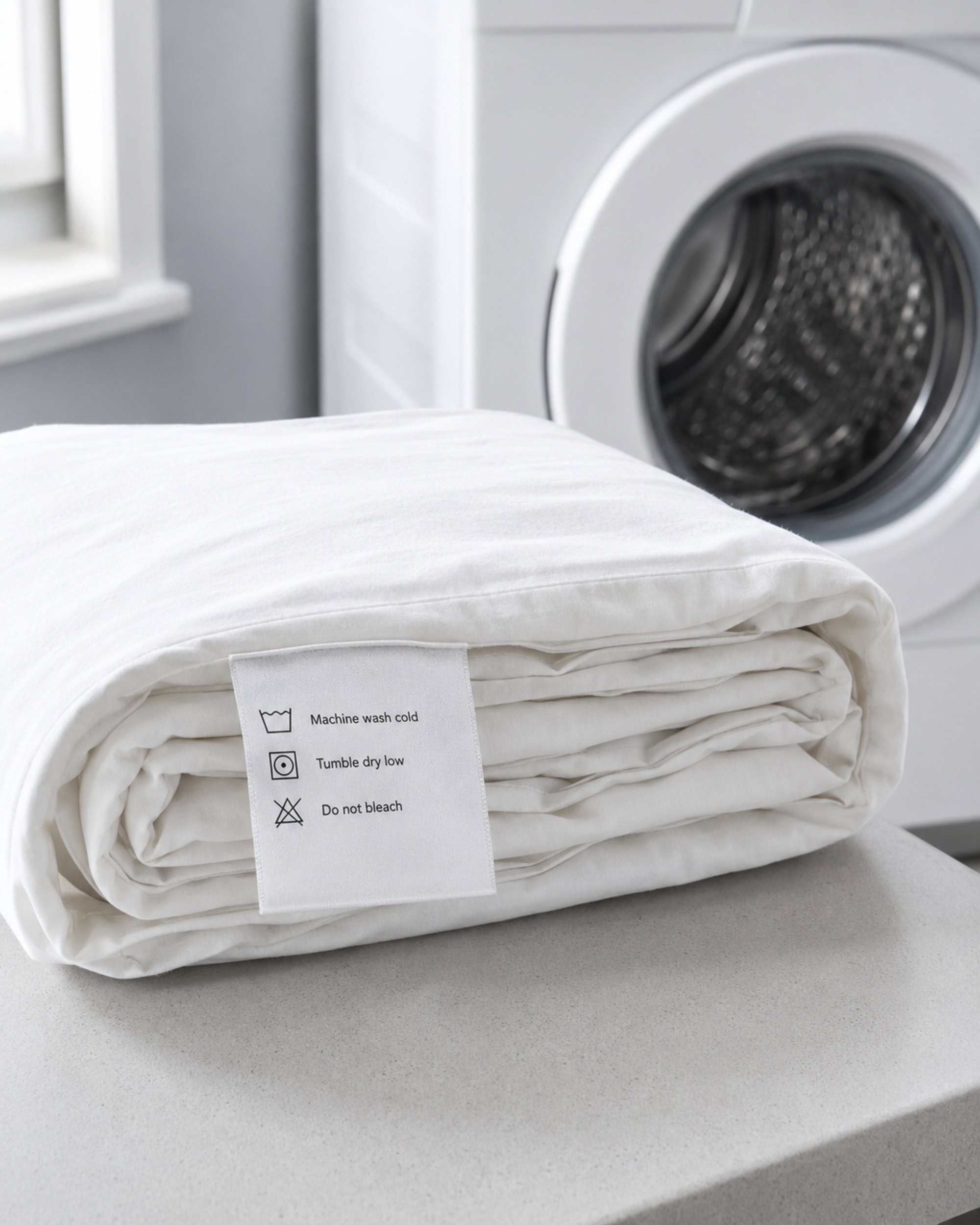 Folded white duvet cover beside its visible fabric care label near a washing machine