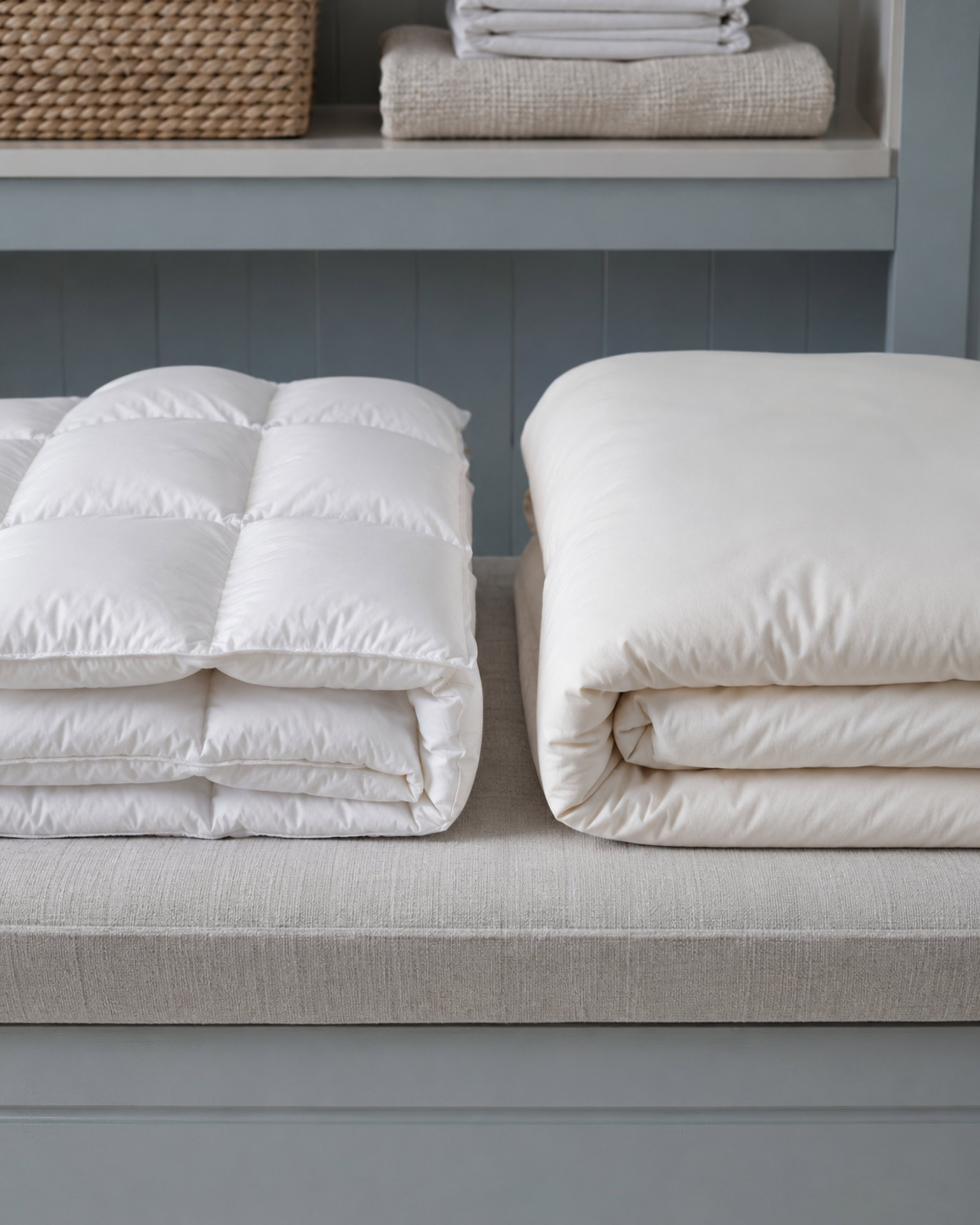 Side-by-side of a bare duvet insert and a finished comforter folded on a bench