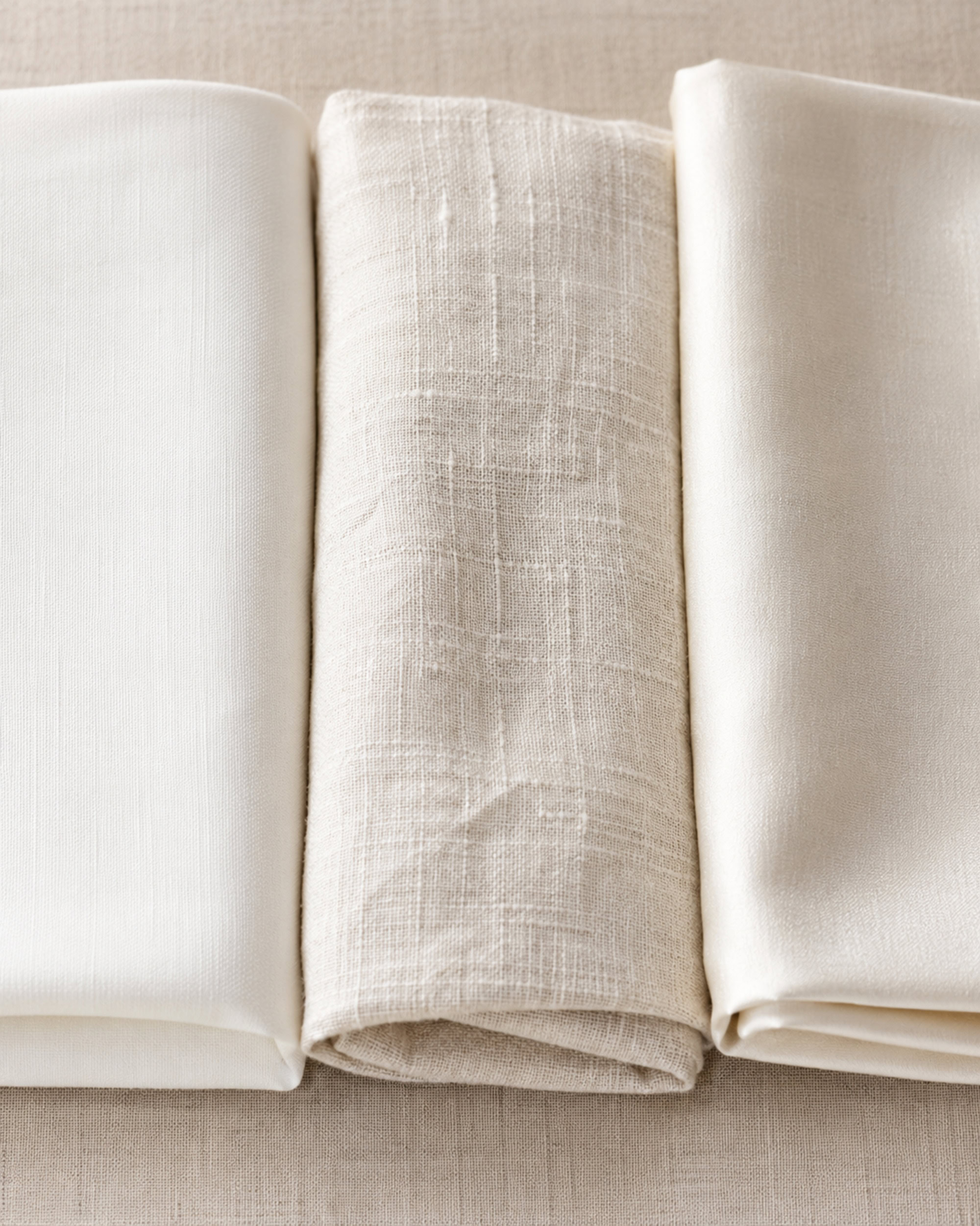 Overhead macro shot of folded percale, linen, and sateen fabric swatches side by side