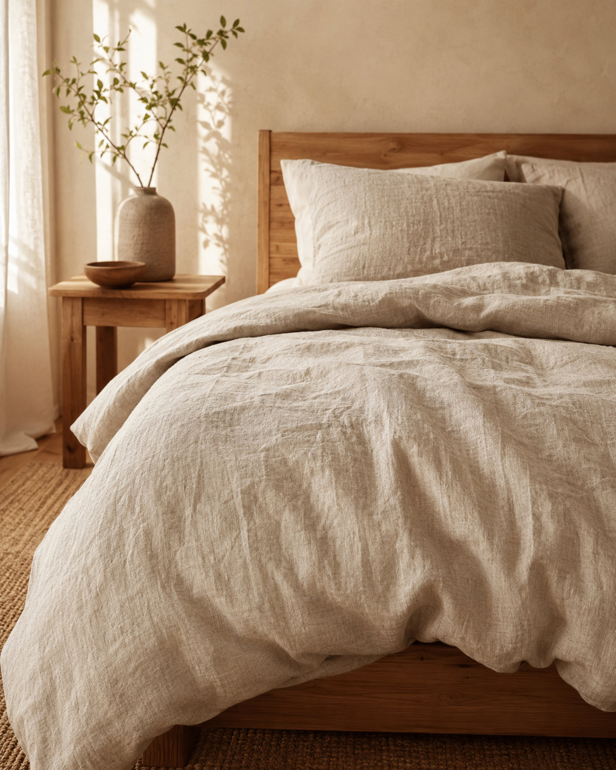 Sunlit bedroom corner with an undyed linen duvet cover and natural wood furniture